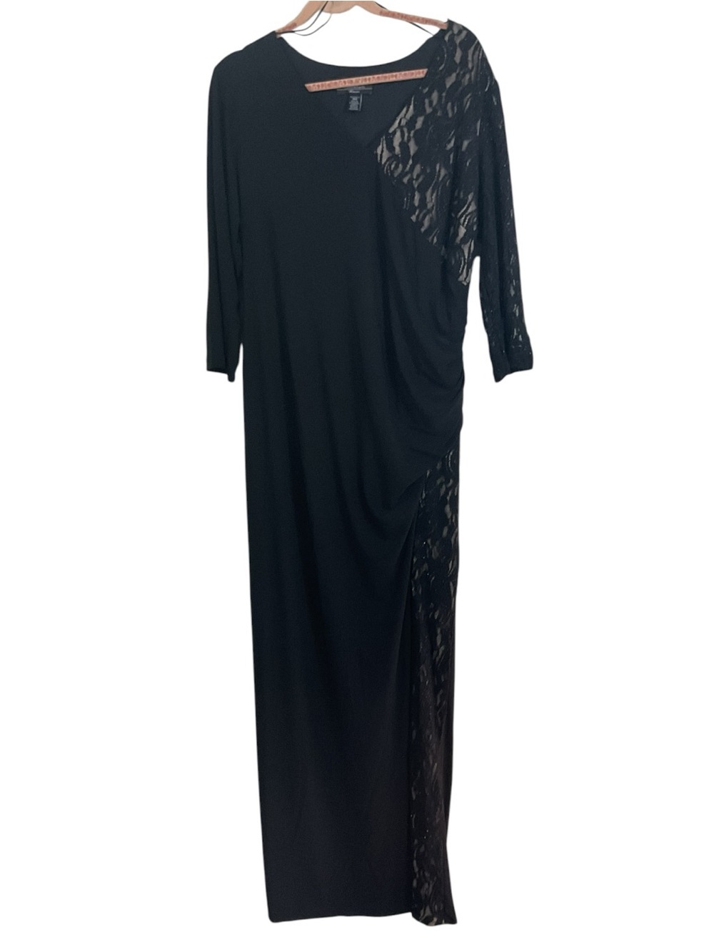R&M Richards Women 18W Black Lace Formal Evening Gown Ruched Maxi Dress